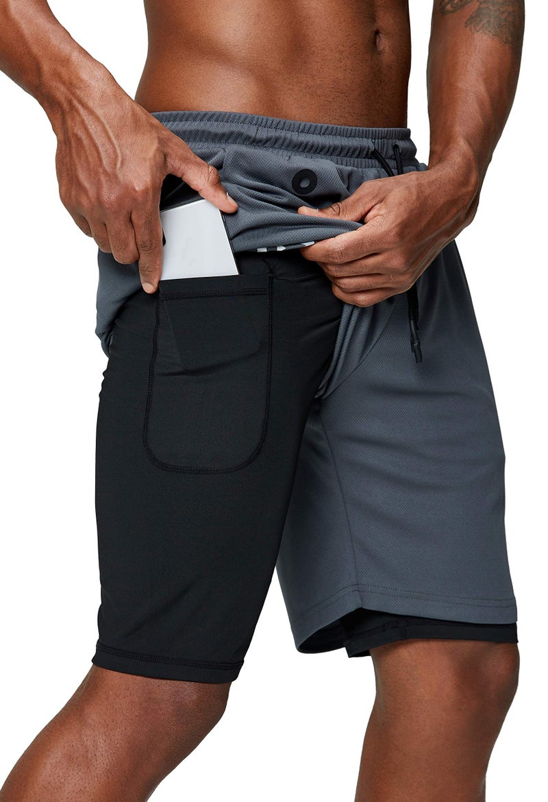 Pinkbomb Men's 2 in 1 Running Shorts Gym Workout Quick Dry Mens Shorts with Phone Pocket (Grey, Medium) - Image 1